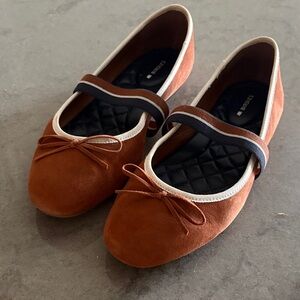 Birdies Rust Suede Mary Jane Flats with Navy Striped Elastic